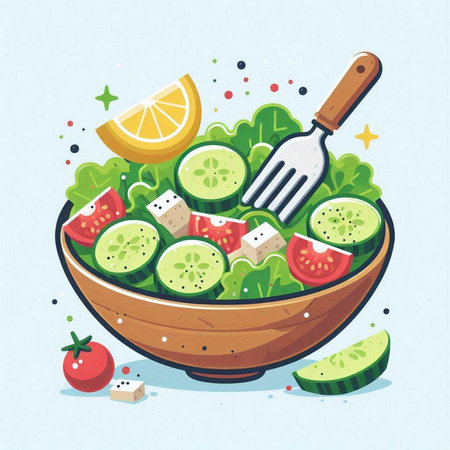 Salad with cucumber, tomato and feta cheese in bowl. Vector illustration.のイラスト素材