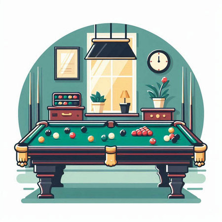 Vector illustration of billiard room with billiard table, potted plants, balls and cue.のイラスト素材