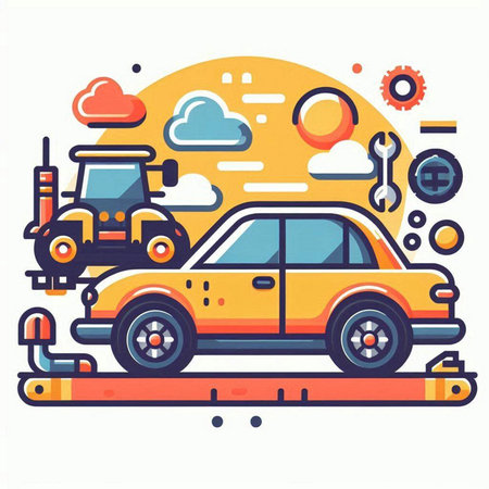 Car on the road, flat vector illustration. Auto service concept.のイラスト素材