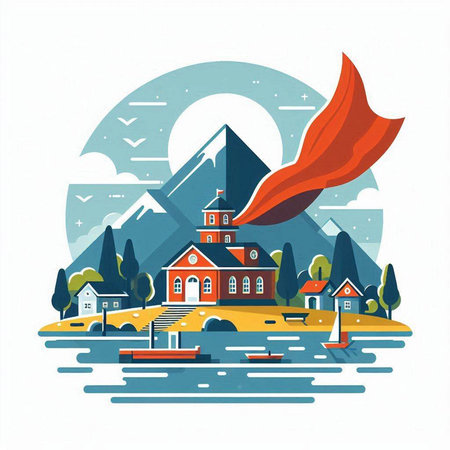 Landscape with lake, mountains and a church. Vector illustration.のイラスト素材
