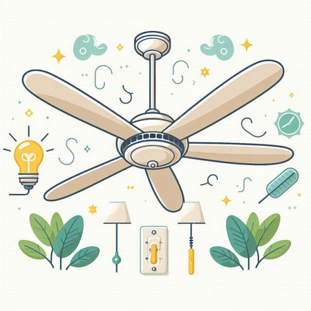 Ceiling fan, light bulbs, lamps and plants. Vector illustrationのイラスト素材