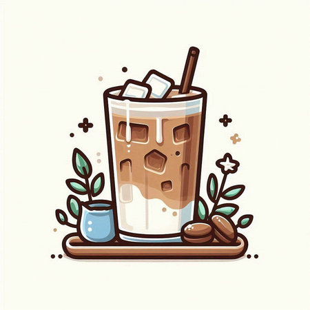 Illustration of iced coffee with ice cubes and mint leaves.のイラスト素材