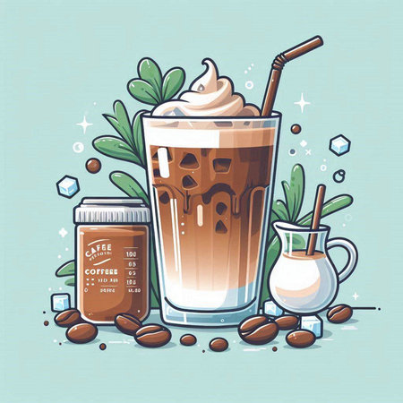 Iced coffee with milk and ice in a glass. Vector illustration.のイラスト素材
