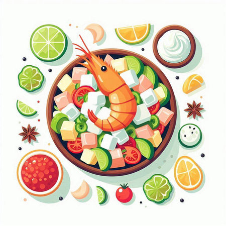 Shrimp salad in bowl on white background, vector illustration. Seafood salad with shrimps, lemon, tomato, cucumber, pepper, parsley, onion, lime, spices, herbs.のイラスト素材