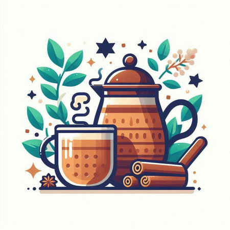 Coffee cup and pot with cinnamon. Vector illustration in flat style.のイラスト素材