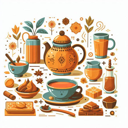 Cup of tea and spices. Vector illustration in flat style.のイラスト素材