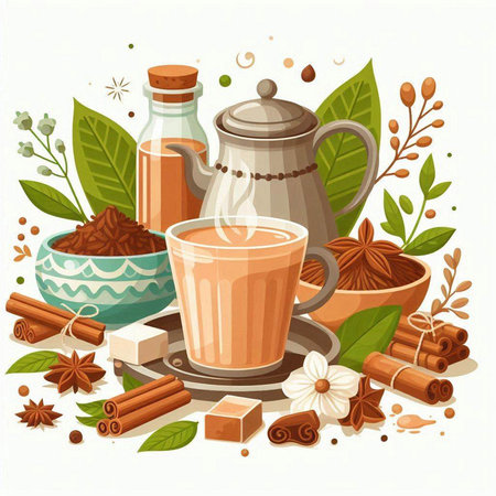Cup of hot tea with cinnamon, anise, star anise, coffee beans, sugar cubes and mint leaves. Vector illustration.のイラスト素材