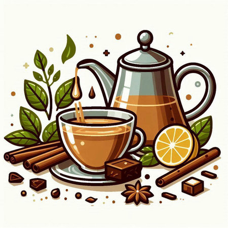 Cup of tea with cinnamon, anise, lemon and coffee beansのイラスト素材