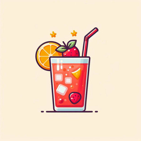 Cocktail with strawberry, orange and ice. Vector illustration.のイラスト素材