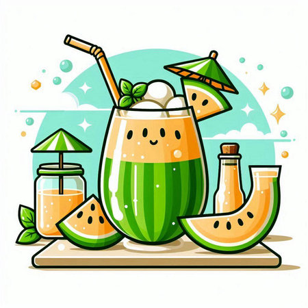 Cocktail with watermelon, ice cream and mint. Vector illustration.のイラスト素材
