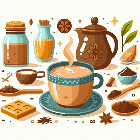 Cup of coffee and spices. Vector illustration in flat style.のイラスト素材