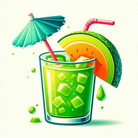 Illustration of a glass of melon juice with ice and strawのイラスト素材