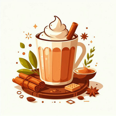 Cup of hot chocolate with whipped cream and cinnamon. Vector illustration.のイラスト素材