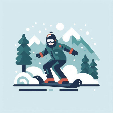 Snowboarder in the mountains. Vector illustration. Flat style.のイラスト素材
