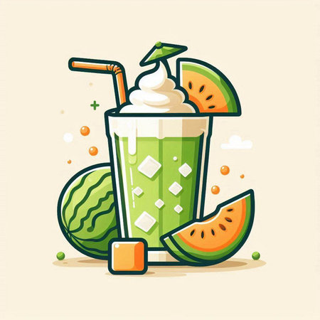Melon smoothie in glass with whipped cream and straw. Vector illustration.のイラスト素材