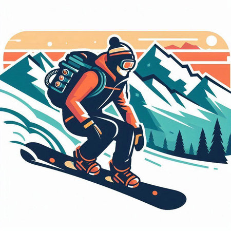 Snowboarder on the background of mountains. Vector illustration in retro style.のイラスト素材