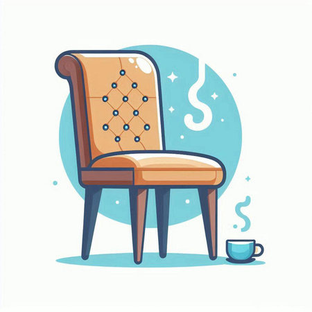 Illustration of an armchair with a cup of coffee on a blue backgroundのイラスト素材