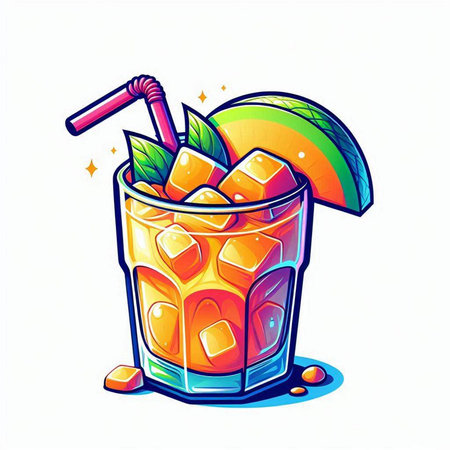 Cuba libre cocktail with ice and straw, vector illustration.のイラスト素材