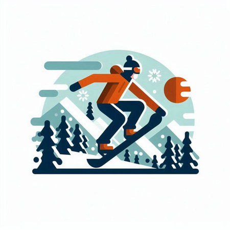 Snowboarder in winter mountains, vector illustration. Flat style.のイラスト素材