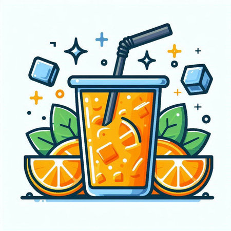 Orange smoothie in a glass with a straw, orange slices and ice cubes. Vector illustration.のイラスト素材