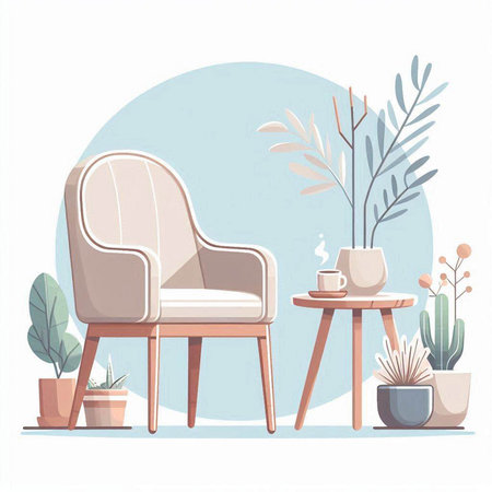 Living room interior with armchair, coffee table and plants. Vector illustration.のイラスト素材