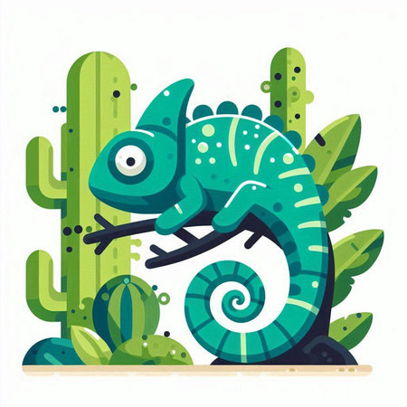 Cartoon chameleon among cacti. Vector illustration.のイラスト素材
