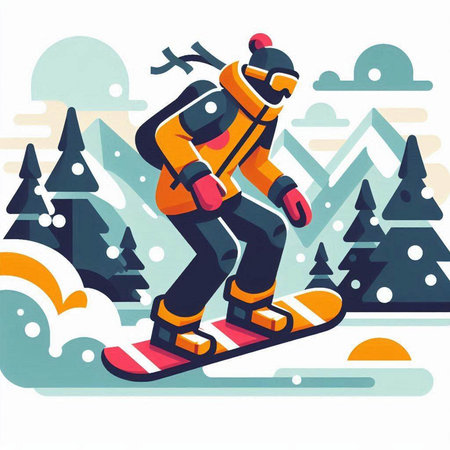 Snowboarder in the mountains. Vector illustration in flat style.のイラスト素材