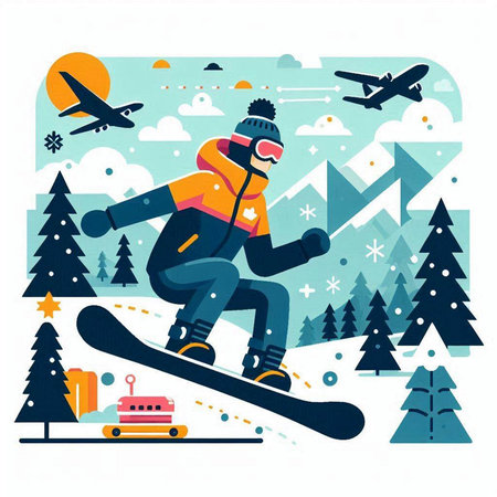 Snowboarder rides on a snowboard in the mountains. Vector illustrationのイラスト素材