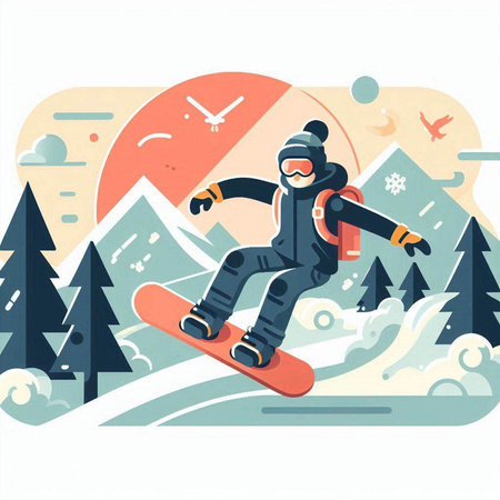 Snowboarder in the mountains. Vector illustration in flat style.のイラスト素材