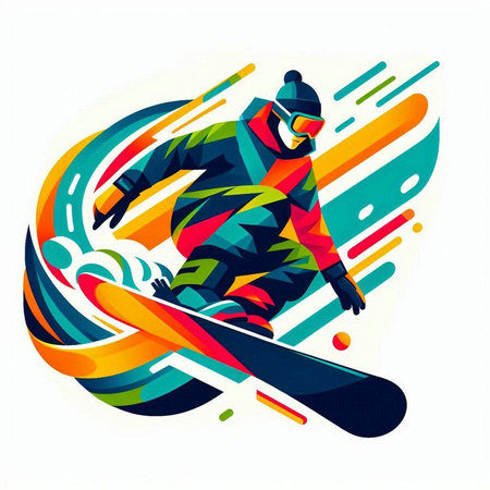 Snowboarder in action, colorful abstract background. Vector illustration.のイラスト素材