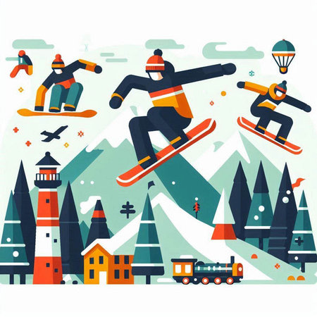 Snowboarder on the background of mountains and houses. Vector illustrationのイラスト素材