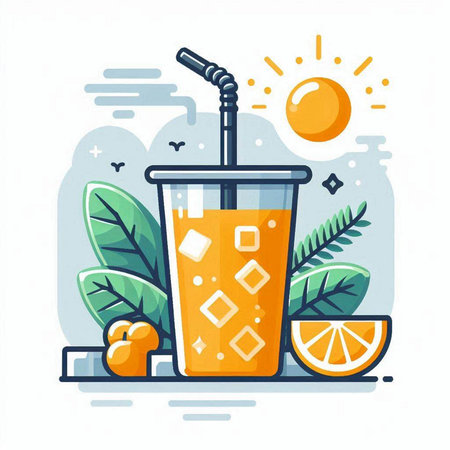 Orange juice in a glass with a straw. Flat style vector illustration.のイラスト素材