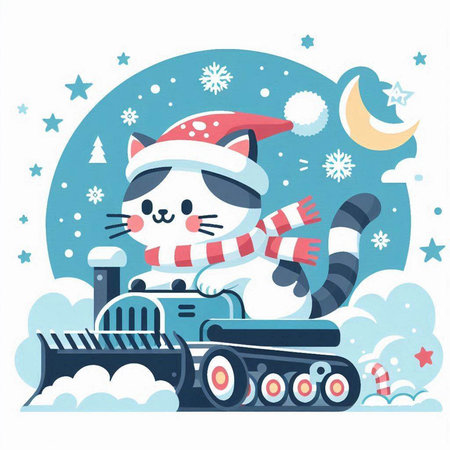 Cute cat in santa hat and snow plow. Vector illustration.のイラスト素材