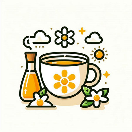 Cup of tea with flowers and aroma oil. Vector illustration.のイラスト素材