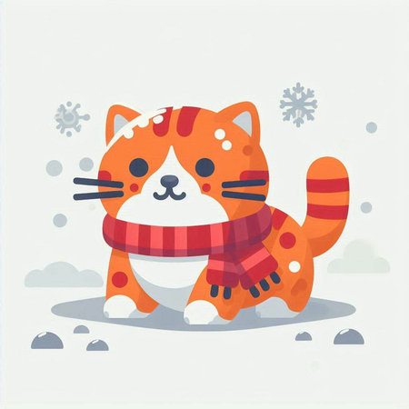 Cute red cat with scarf and snowflakes. Cartoon vector illustration.のイラスト素材