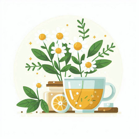 Cup of tea with lemon and chamomile flowers. Vector illustrationのイラスト素材