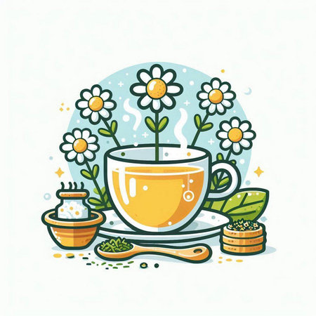 Cup of tea and chamomile flowers. Vector illustration.のイラスト素材