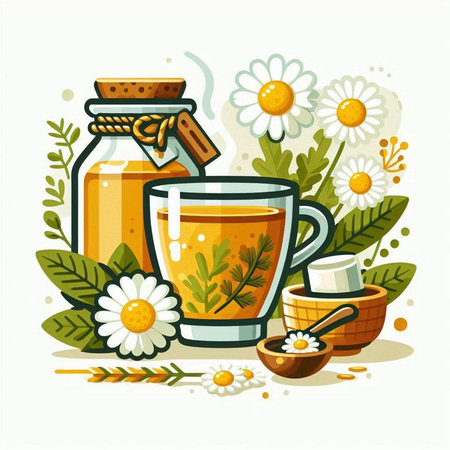 Herbal tea with honey and chamomile. Vector illustration.のイラスト素材