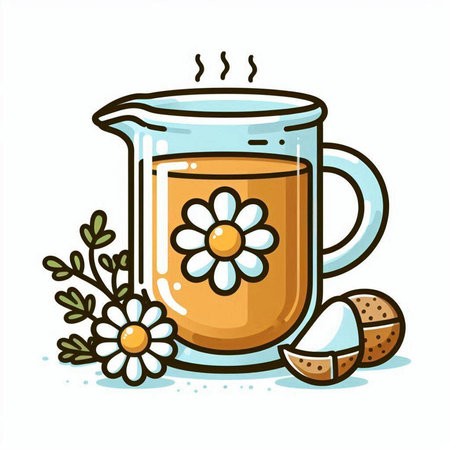Cup of tea with chamomile and nuts. Vector illustration.のイラスト素材