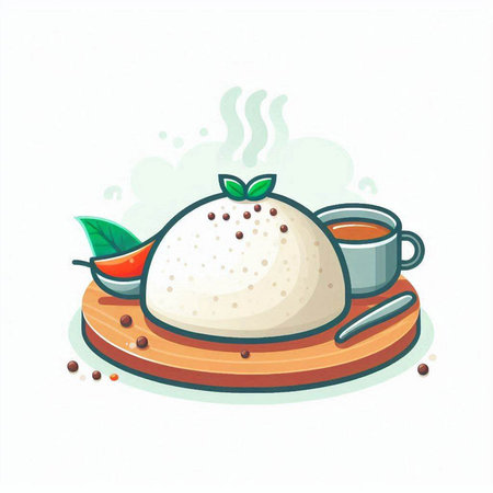 Illustration of a cup of hot tea and steamed rice.のイラスト素材