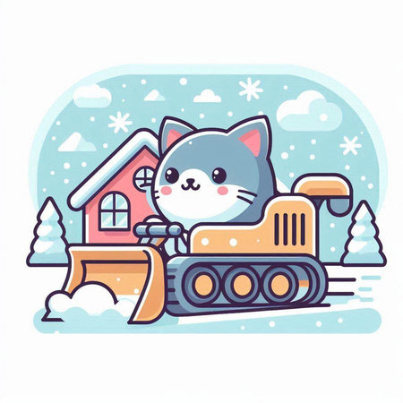 Vector illustration of cute cat with snow plow. Cute cartoon kitty in winter clothes.のイラスト素材