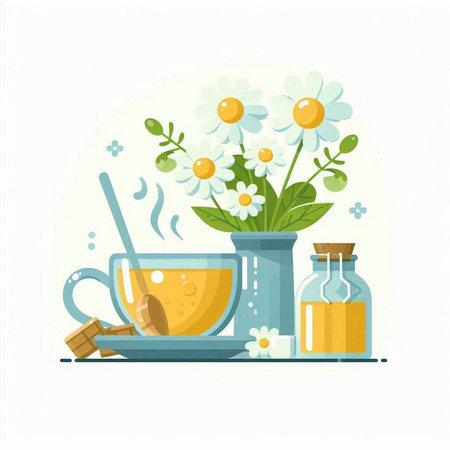 Cup of herbal tea with chamomile and honey. Vector illustration.のイラスト素材