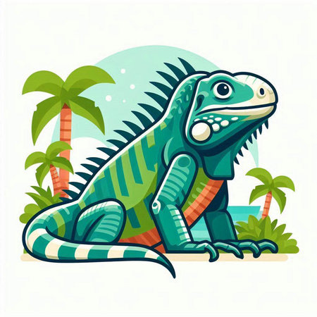 Green iguana on the background of palm trees. Vector illustration.のイラスト素材