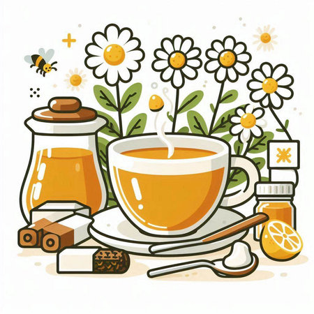 Cup of tea with honey, honeycomb, honeycombs and camomiles. Vector illustration.のイラスト素材
