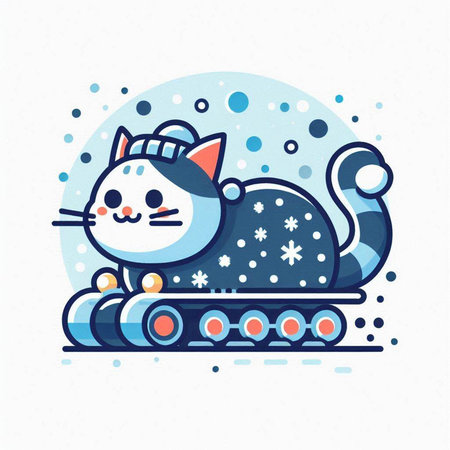 Cute cartoon cat with snowflakes on a train. Vector illustration.のイラスト素材