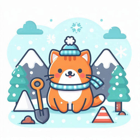 Cute cat in a winter hat with a shovel in the forest. Vector illustration.のイラスト素材