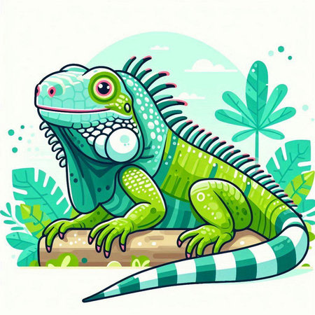 Green iguana on the tree in the garden. Vector illustration.のイラスト素材