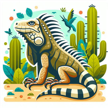 Cartoon iguana in the desert with cacti. Vector illustrationのイラスト素材