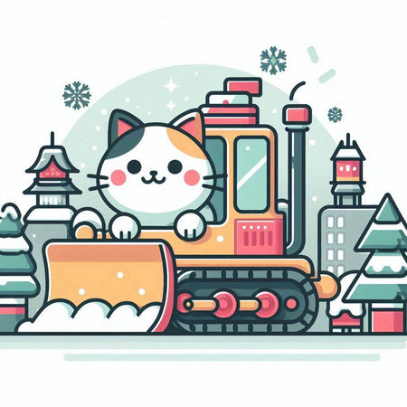 Cute cat and snowplow in the city. Vector illustration.のイラスト素材