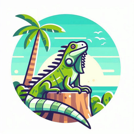 Green iguana on the island. Vector illustration in flat style.のイラスト素材